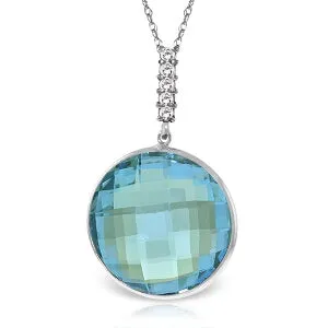 14K Solid White Gold Necklace w/ Diamonds & Checkerboard Cut Blue Topaz