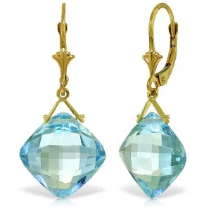 17.5 Carat 14K Solid Yellow Gold Leverback Earrings Checkerboard Cut Blue Topaz