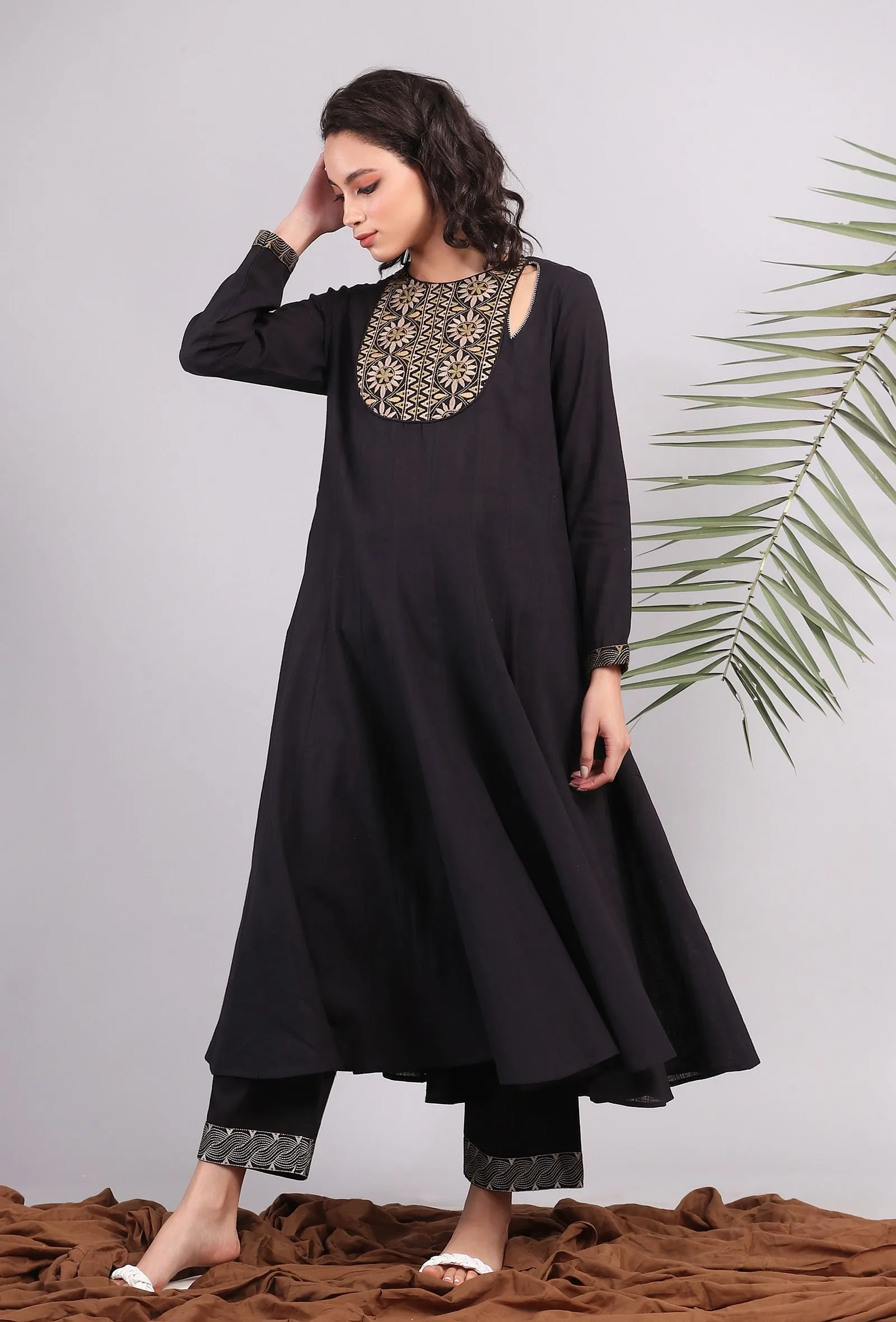 Black Flared Kalidar Kantha Kurta Dress