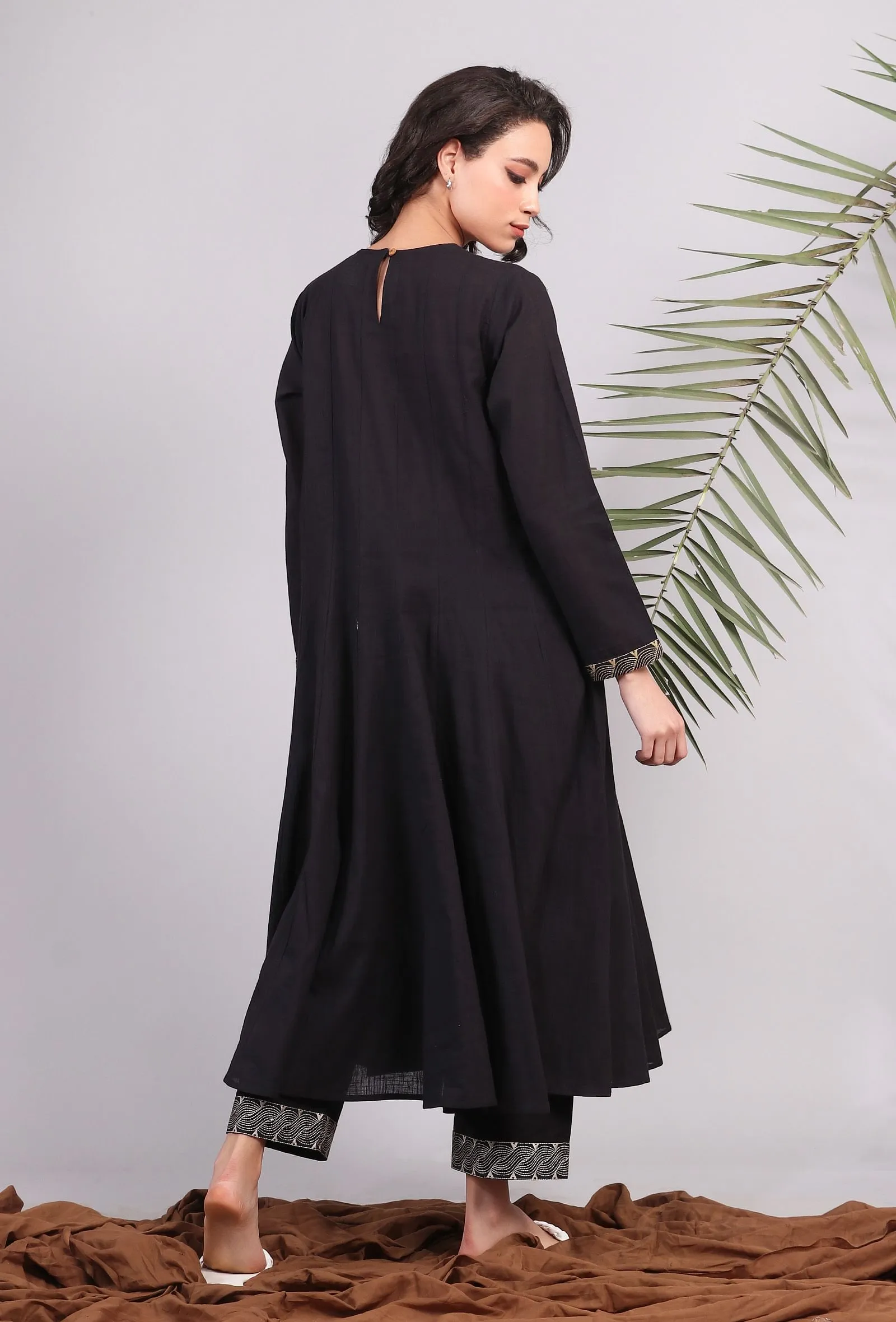 Black Flared Kalidar Kantha Kurta Dress