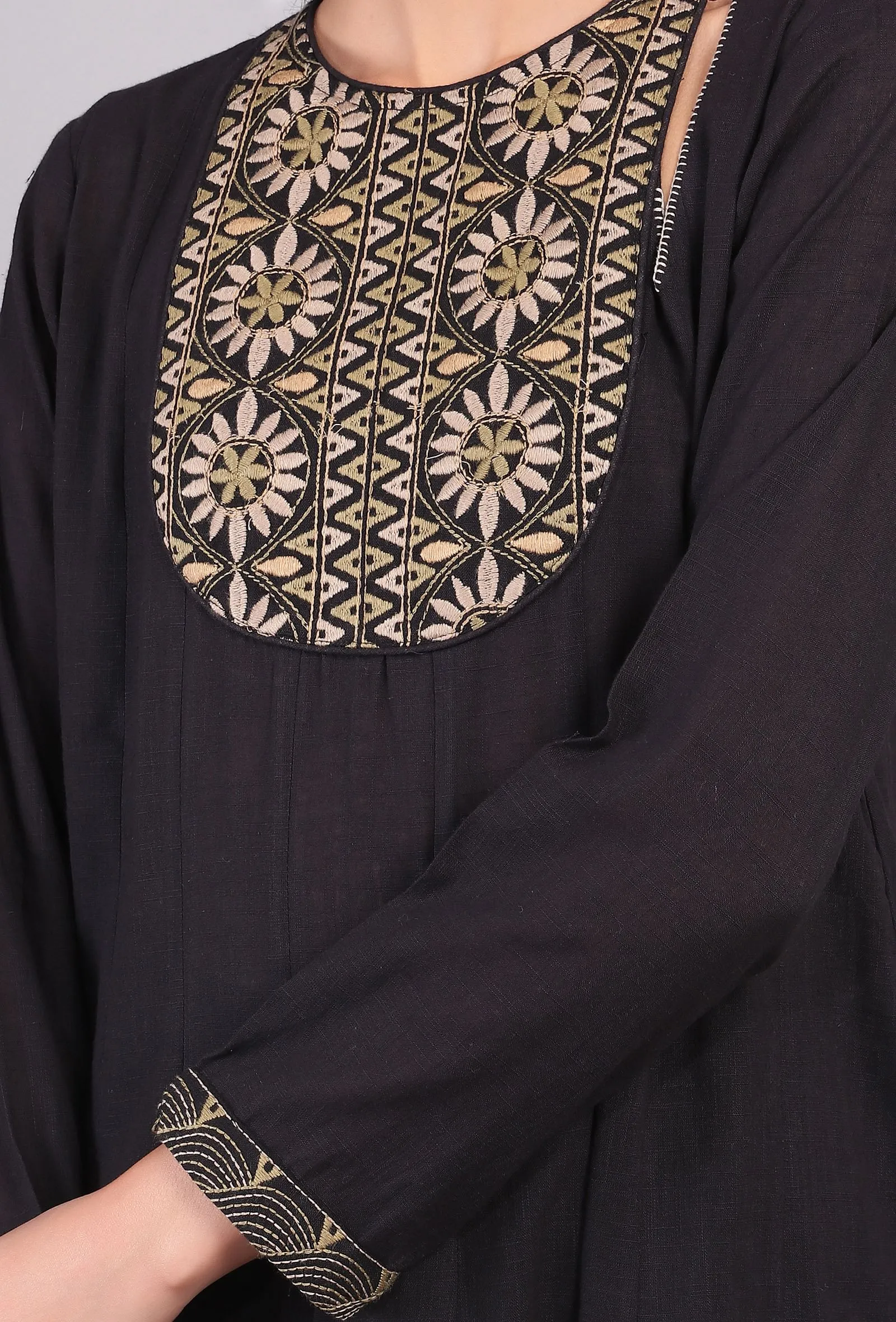 Black Flared Kalidar Kantha Kurta Dress