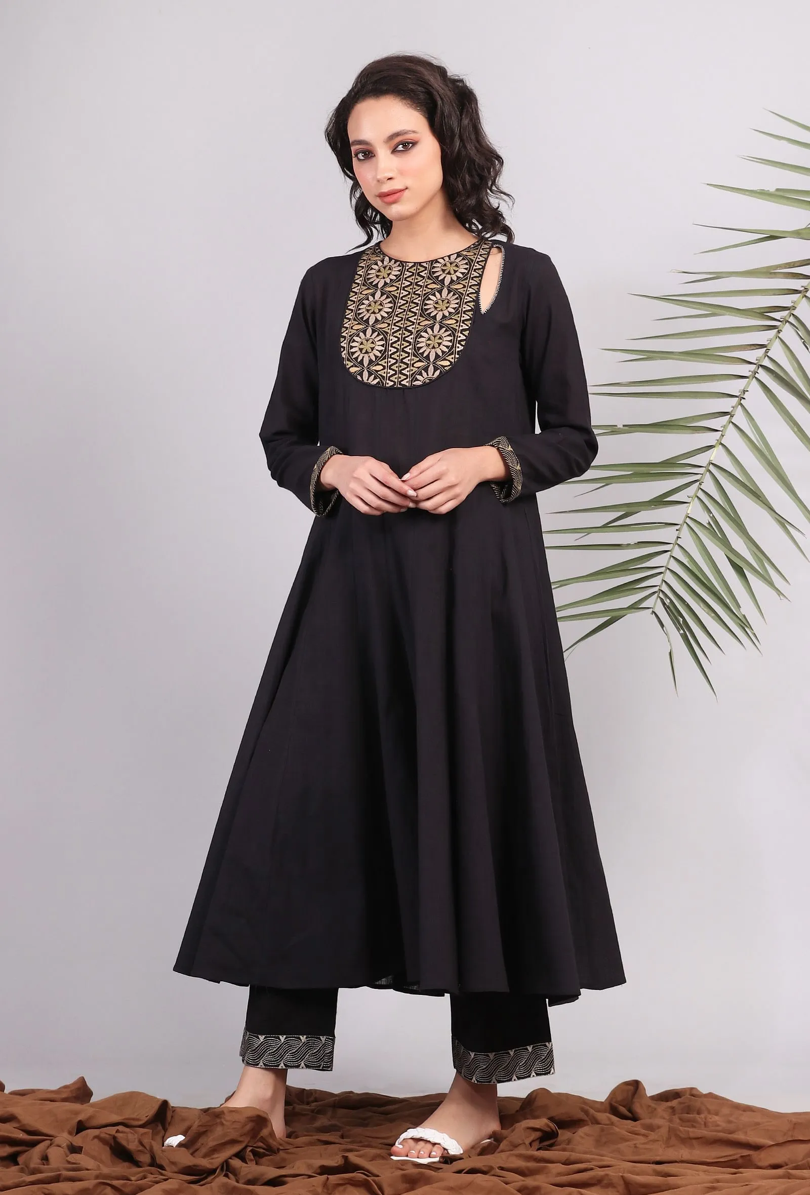 Black Flared Kalidar Kantha Kurta Dress