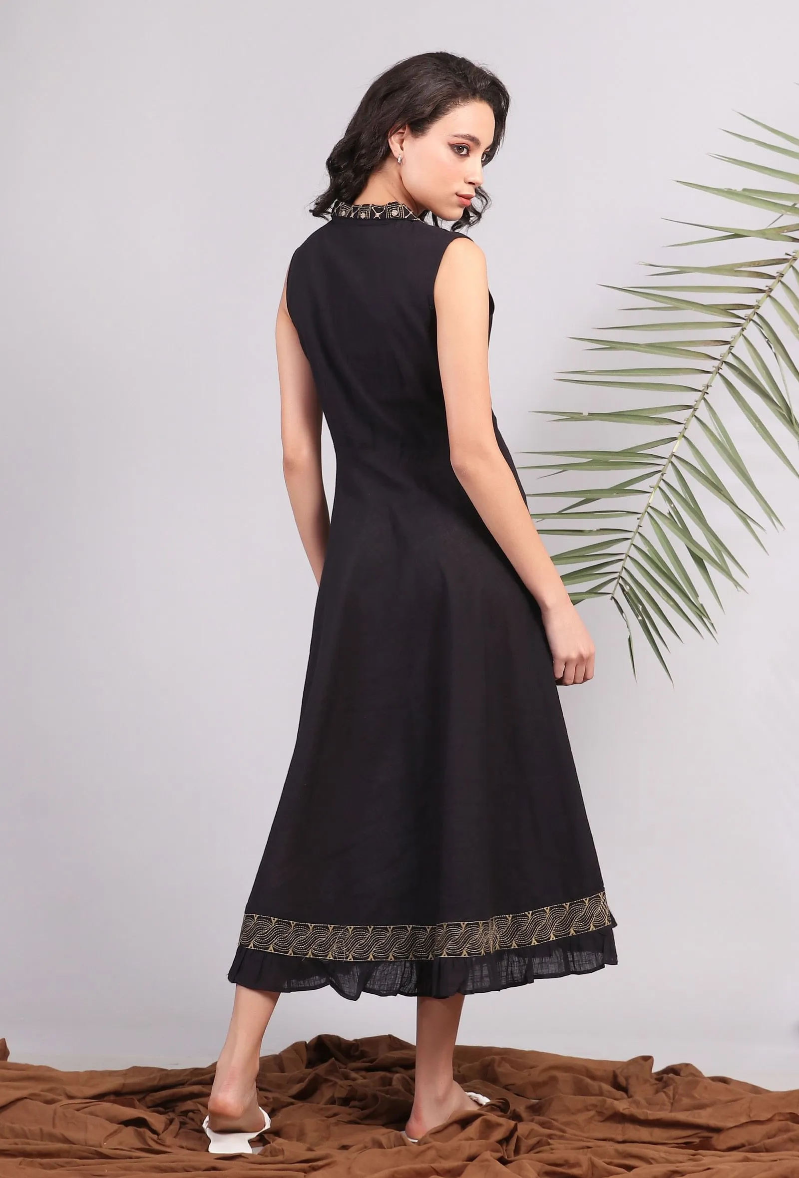 Black Midi Shirt Dress with Kantha Embroidery