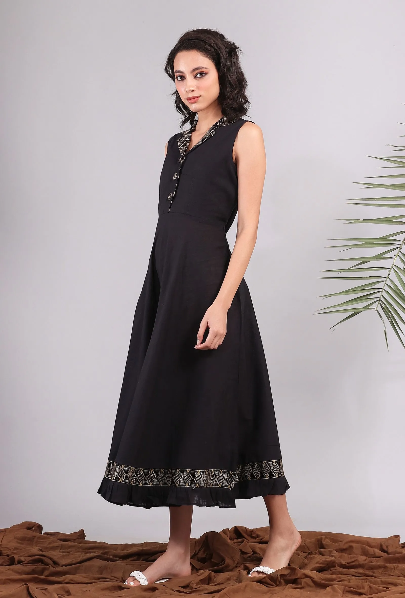 Black Midi Shirt Dress with Kantha Embroidery