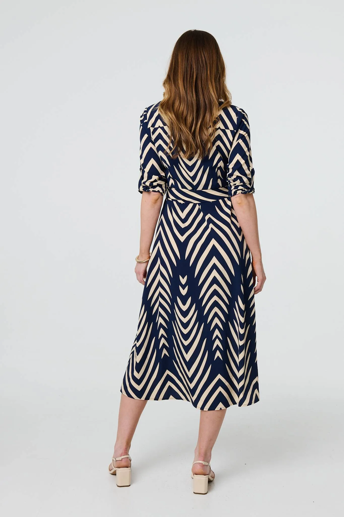 Chevron Print Tie Waist Shirt Midi Dress