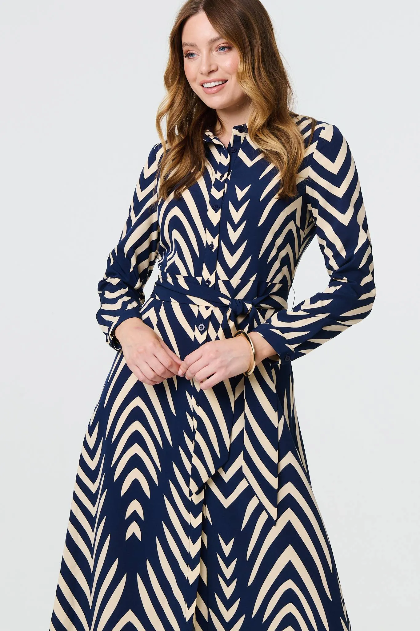 Chevron Print Tie Waist Shirt Midi Dress