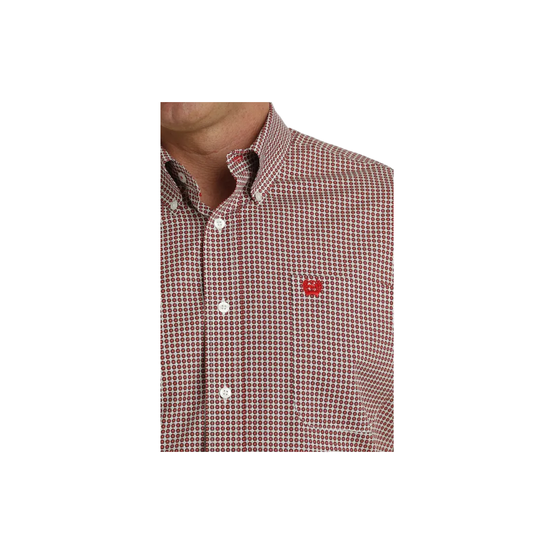 Cinch Men's Geometric Print Button Down Western White Red Shirt