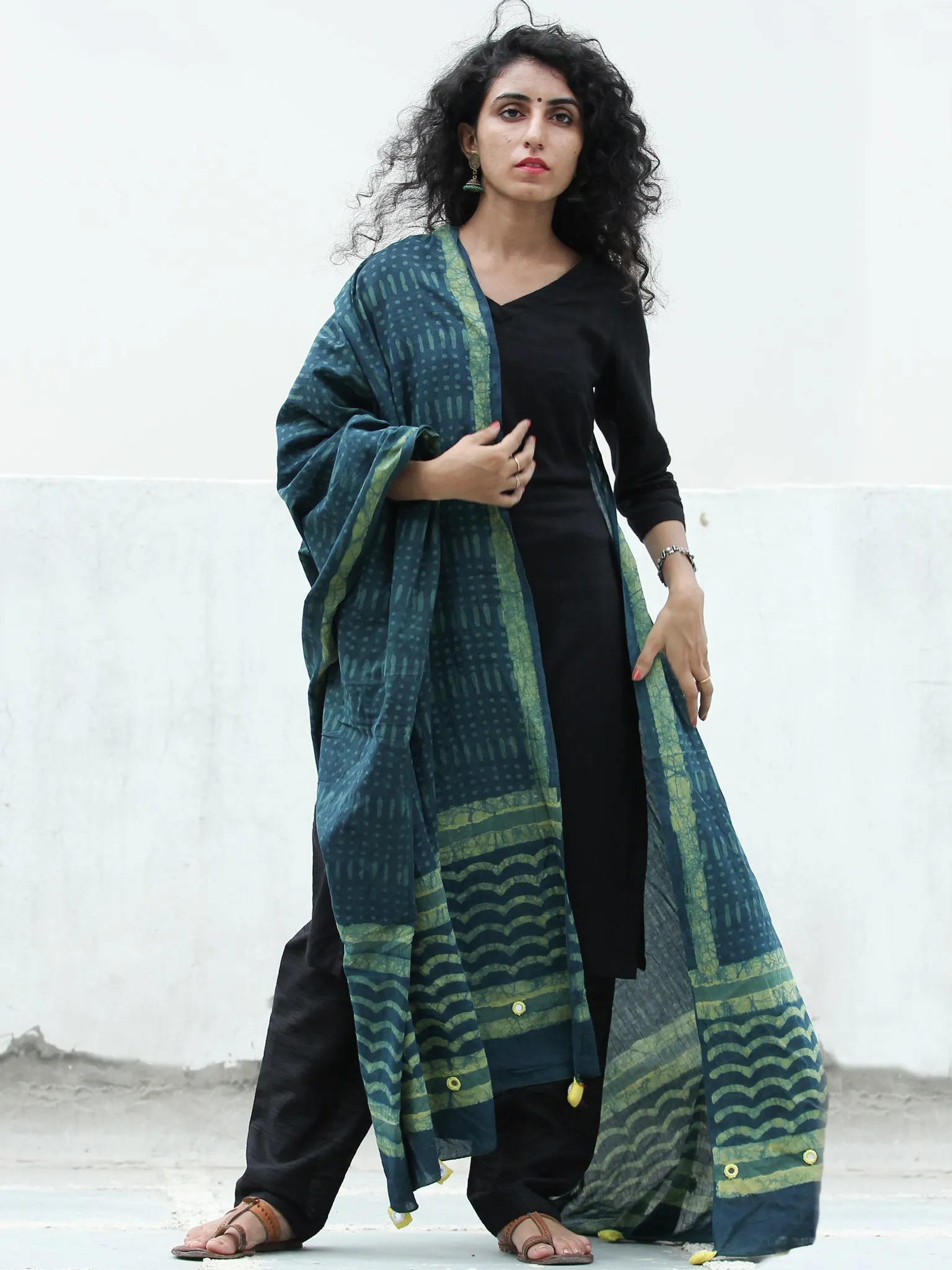 Deep Indigo Green Handloom Cotton Hand Block Printed Dupatta  - D04170391