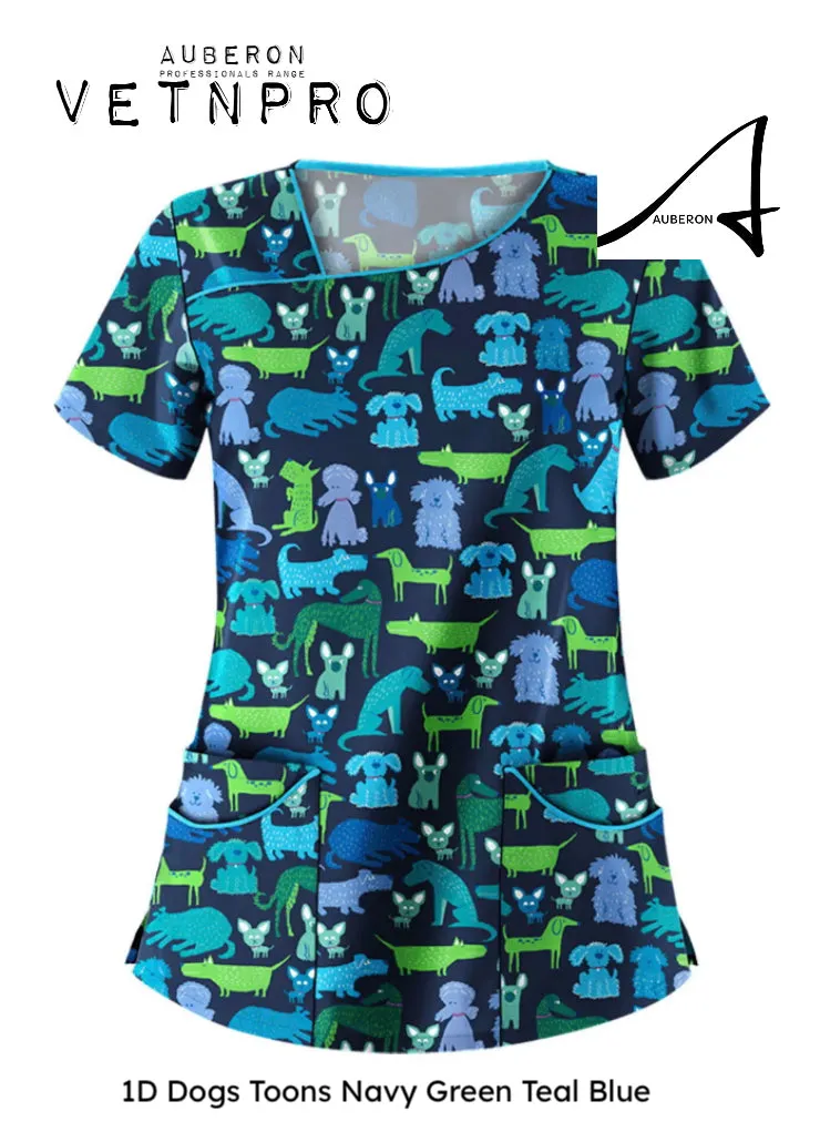 Dog themed Uniforms Tops Vet Assistant Scrubs Groomers Dog Show Vets Workwear Clothing Easy Care 100% Cotton