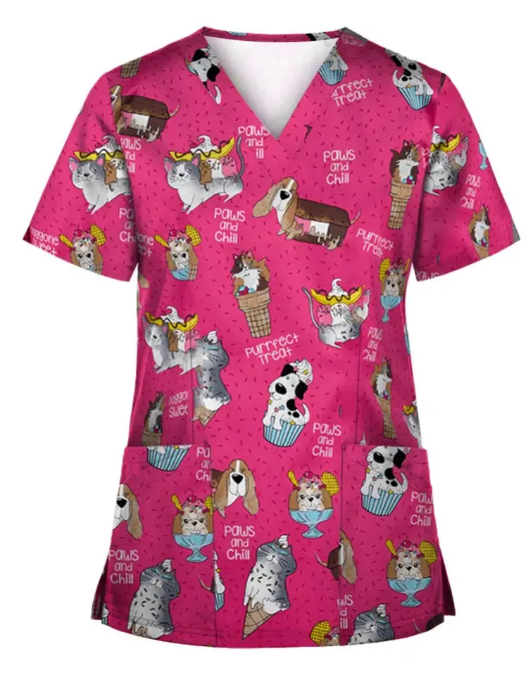 Dog themed Uniforms Tops Vet Assistant Scrubs Groomers Dog Show Vets Workwear Clothing Easy Care 100% Cotton