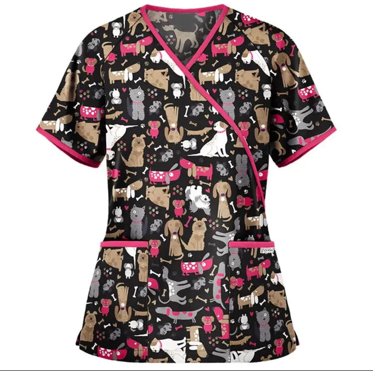 Dog themed Uniforms Tops Vet Assistant Scrubs Groomers Dog Show Vets Workwear Clothing Easy Care 100% Cotton