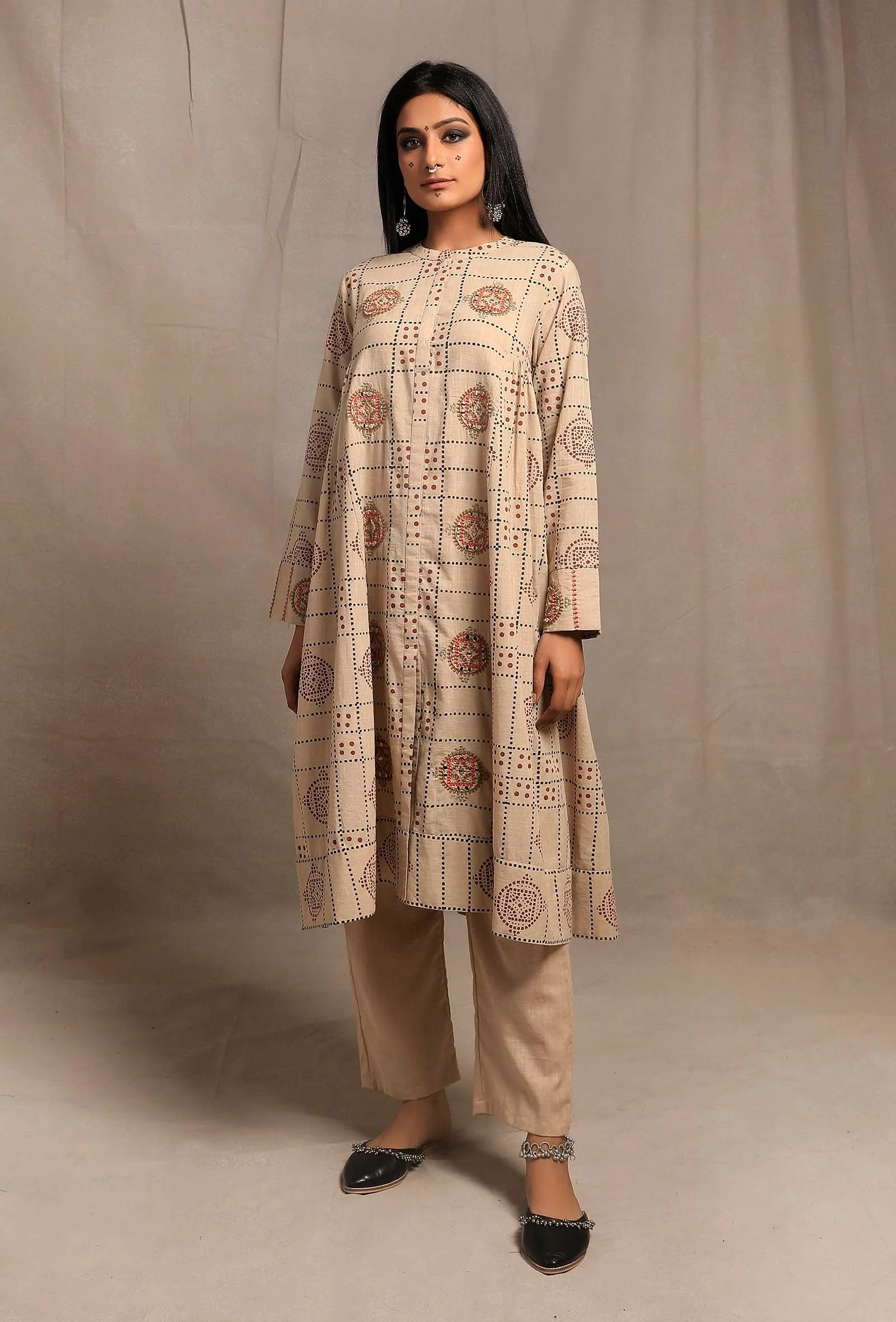 Ecru Hand block Printed Bust-side Gathered Tunic Dress