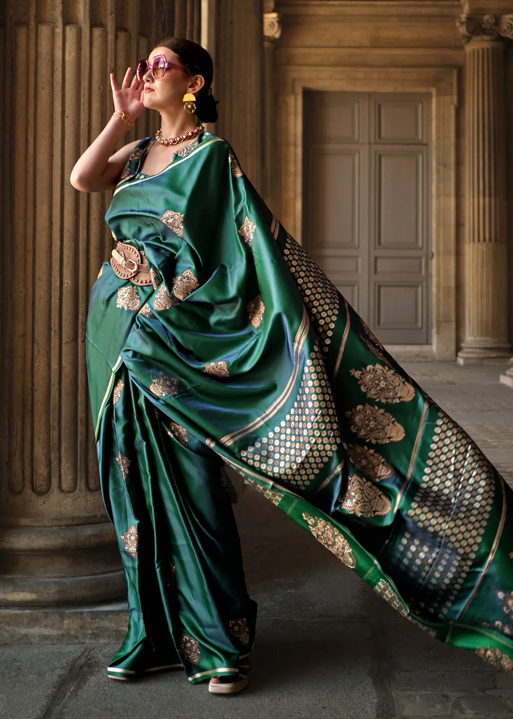 Elegant Bottle Green Pure Satin Silk Designer Saree