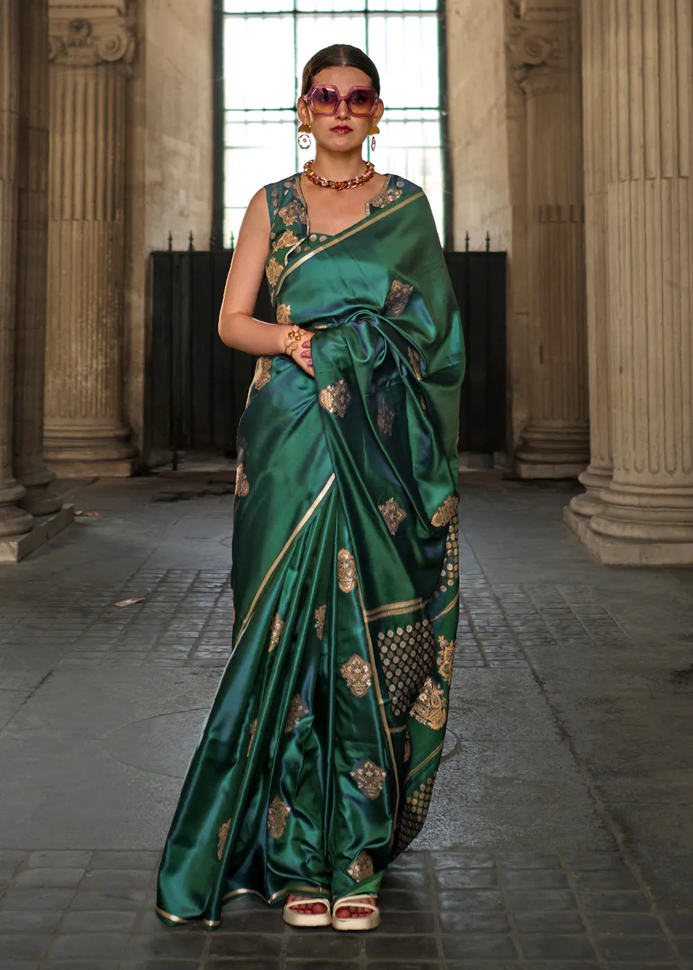 Elegant Bottle Green Pure Satin Silk Designer Saree