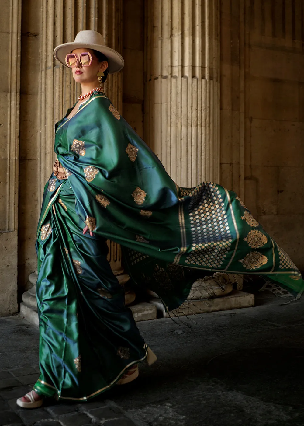 Elegant Bottle Green Pure Satin Silk Designer Saree