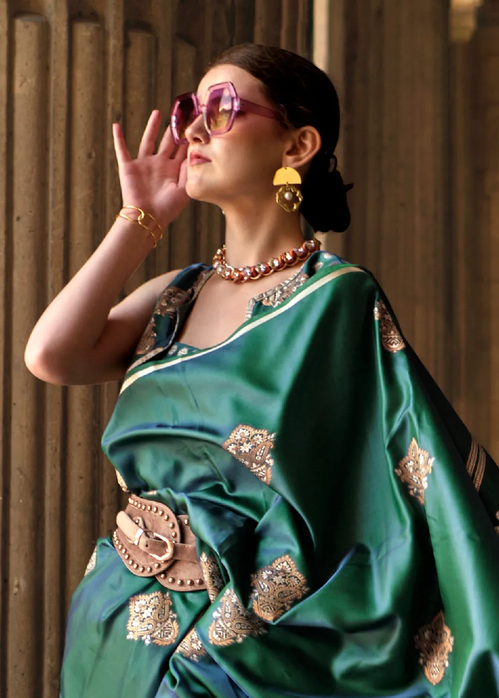 Elegant Bottle Green Pure Satin Silk Designer Saree