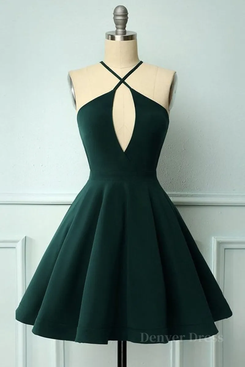 Elegant Halter Neck Dark Green Short Prom Dress Dark Green Formal Graduation Homecoming Dress