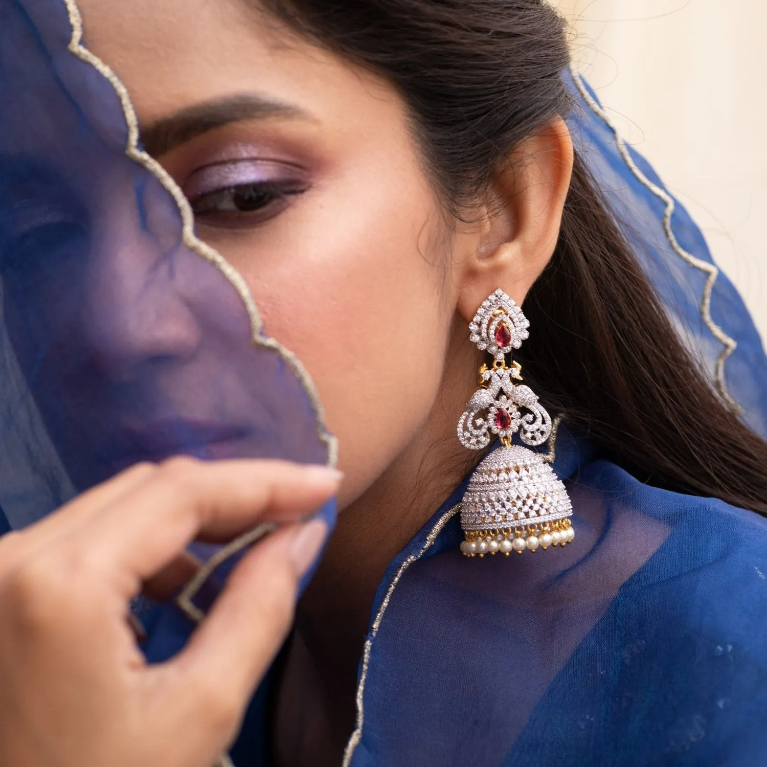 Elegant Peacock CZ Jhumka Earrings