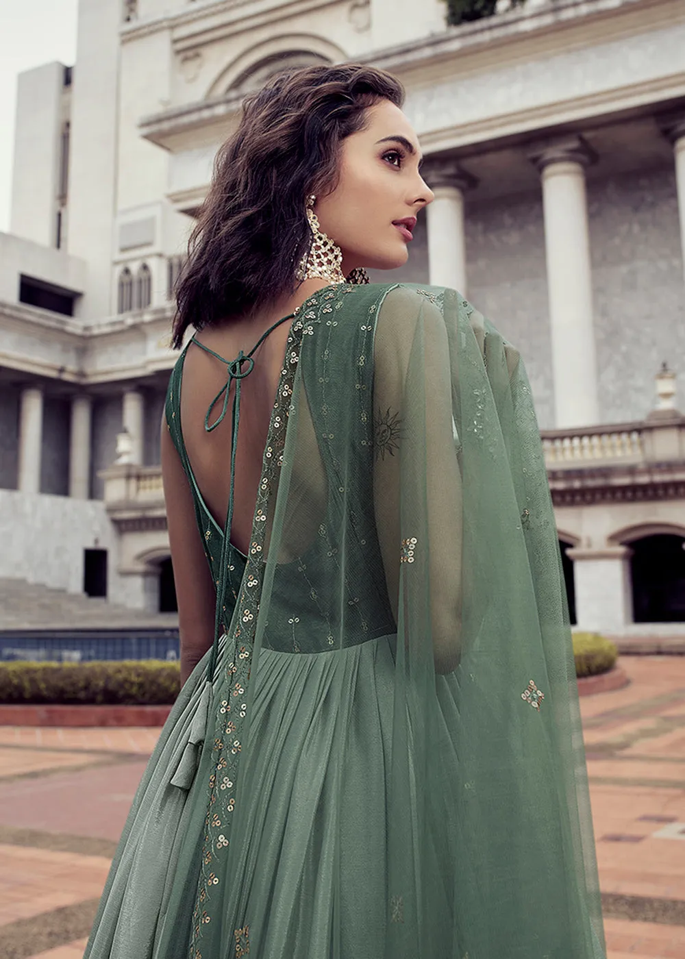 Fabulous Ombre Green Chinon Reception Wear Gown