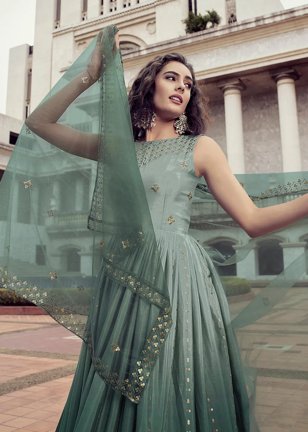 Fabulous Ombre Green Chinon Reception Wear Gown