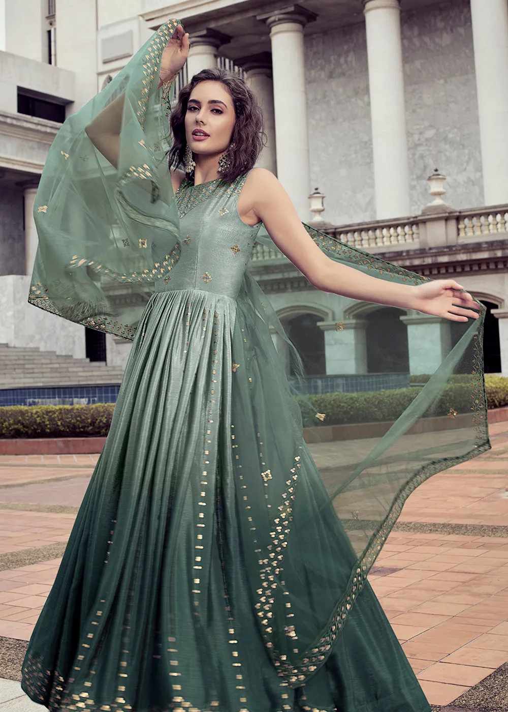 Fabulous Ombre Green Chinon Reception Wear Gown