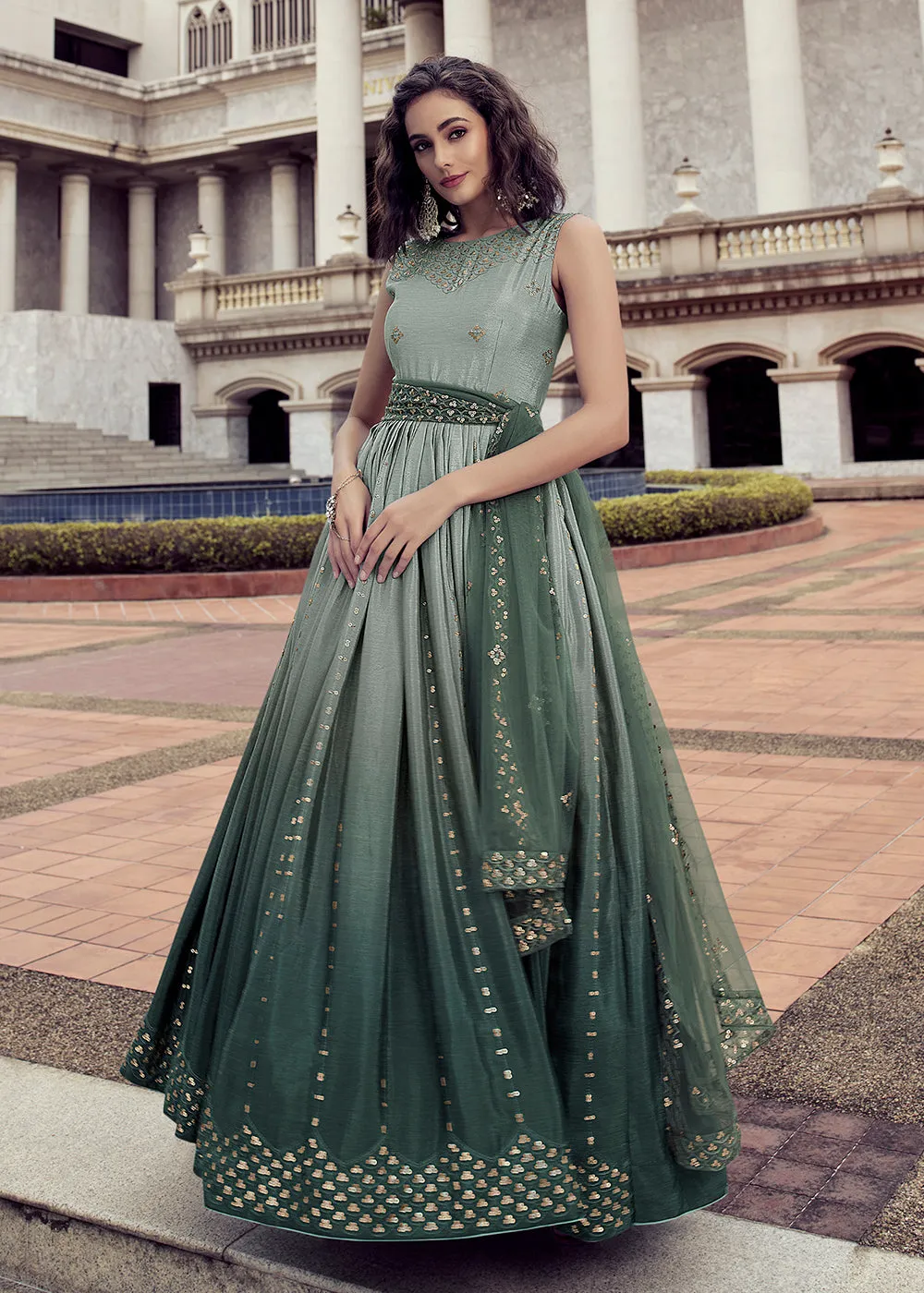 Fabulous Ombre Green Chinon Reception Wear Gown