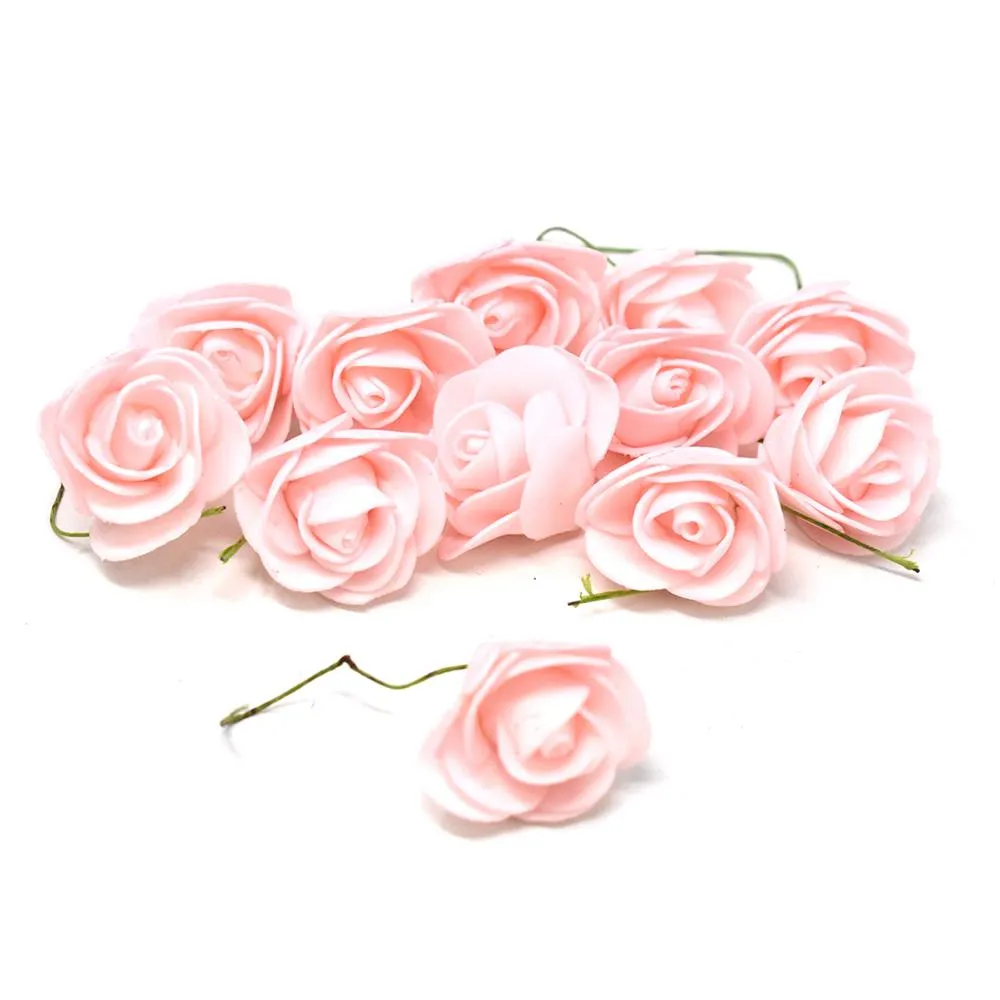 Foam Rose Flower with Wired Stem, Light Pink, 1-1/2-Inch, 12-Count