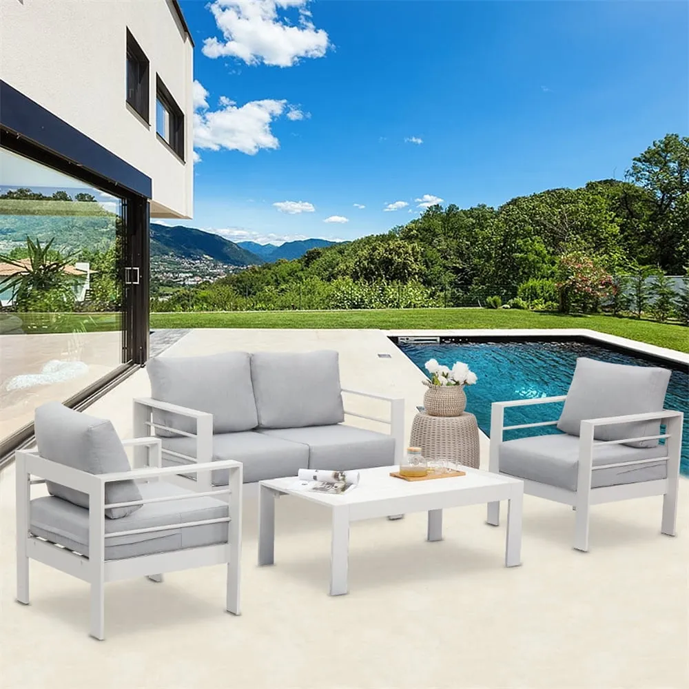 Heynemo Superjoe Outdoor Aluminum Furniture Set 4 Pcs Patio Sectional Chat Sofa Conversation Set with Table,White