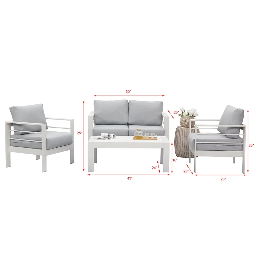 Heynemo Superjoe Outdoor Aluminum Furniture Set 4 Pcs Patio Sectional Chat Sofa Conversation Set with Table,White