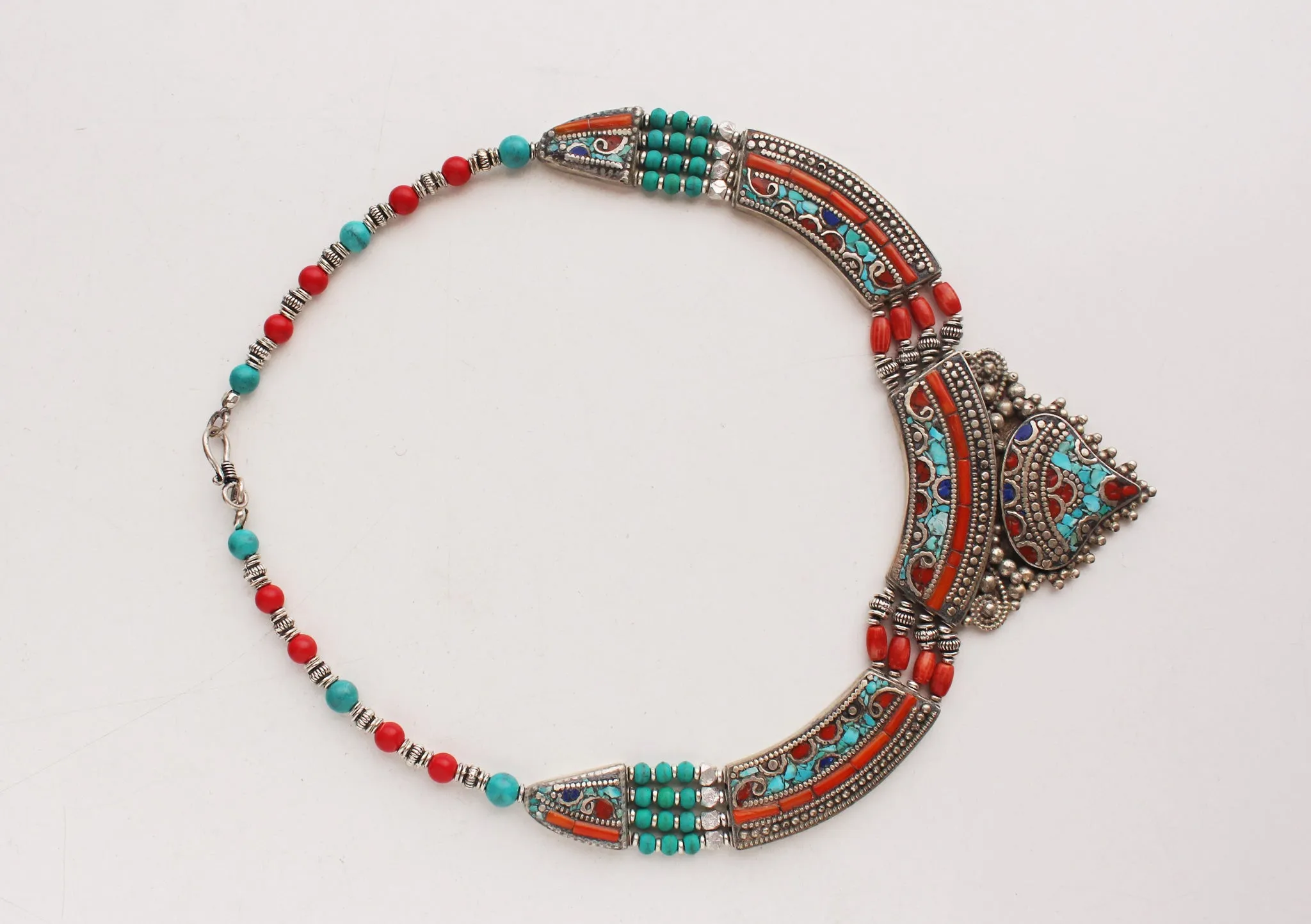 Inlaid Tibetan White Metal Necklace