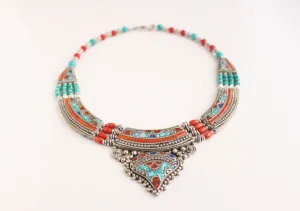 Inlaid Tibetan White Metal Necklace