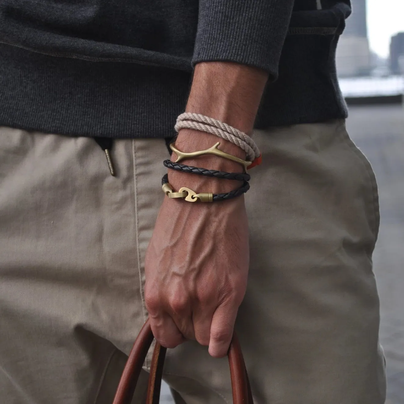 Journey Double Wrap Leather Bracelet with Matte Brass Brummels