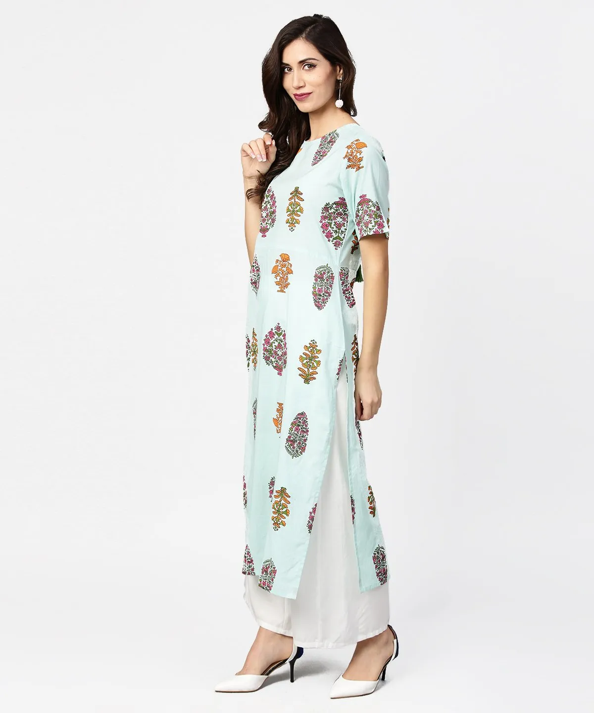 Light Blue Printed Short Sleeve Cotton Straight Kurta