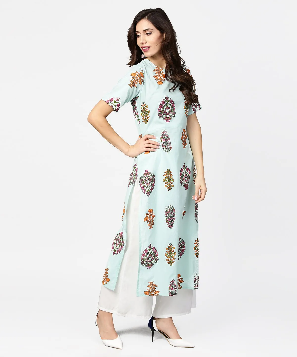 Light Blue Printed Short Sleeve Cotton Straight Kurta