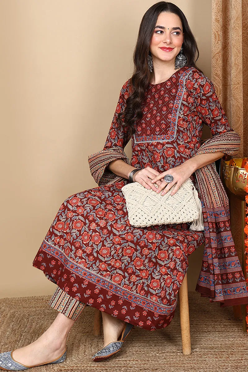 Maroon Pure Cotton Floral Printed Flared Suit Set