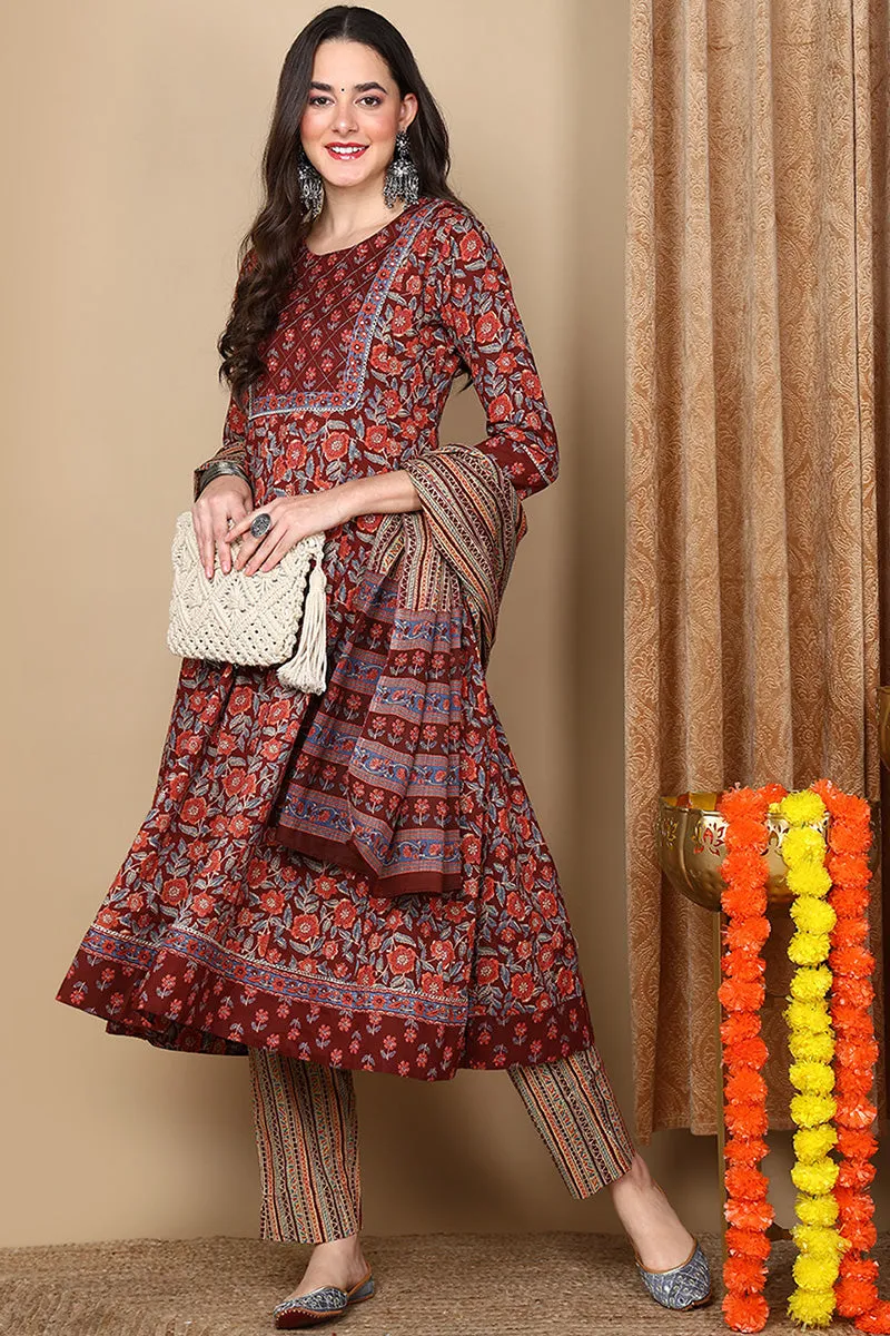 Maroon Pure Cotton Floral Printed Flared Suit Set