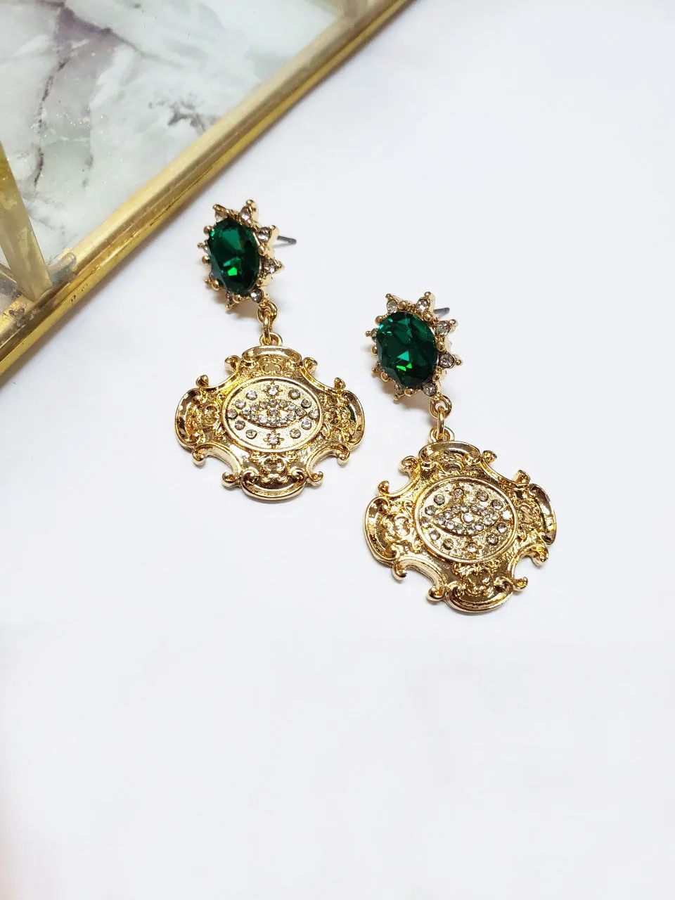 Mary Emerald and Gold Drop Earrings | Royal Ornate Gold Embossment with Oval Emerald Gemstone | Everyday and Formal Occasion Earrings | Wedding Season Jewelry