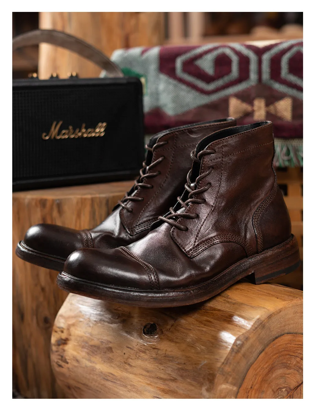 Men's Brogue Leather Dress Boots Coffee