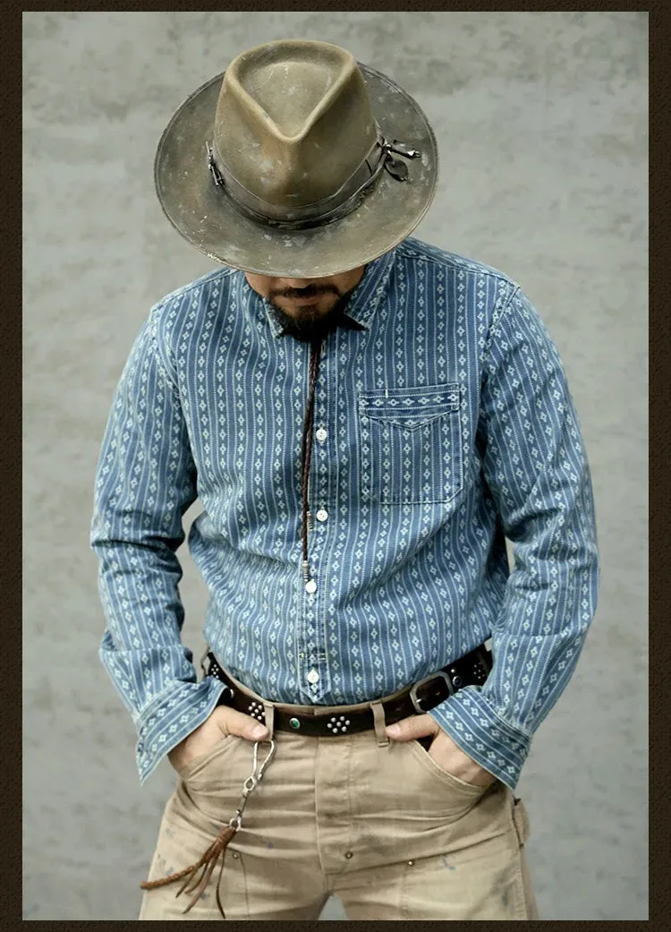 Men's Jacquard Indigo Denim Shirt - Western Style Workwear