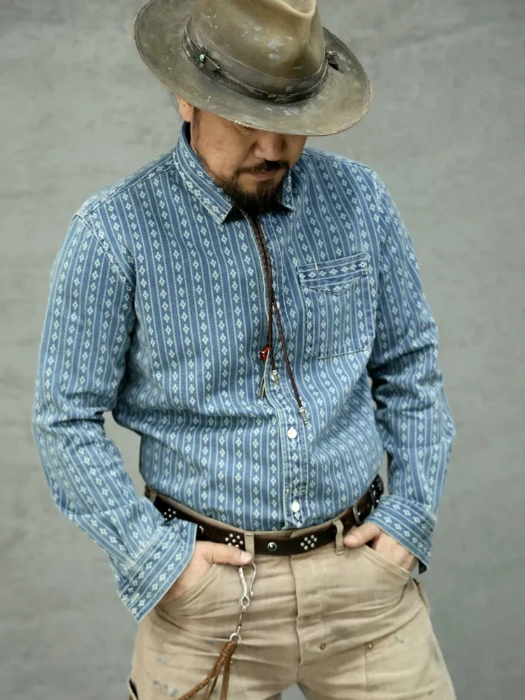 Men's Jacquard Indigo Denim Shirt - Western Style Workwear