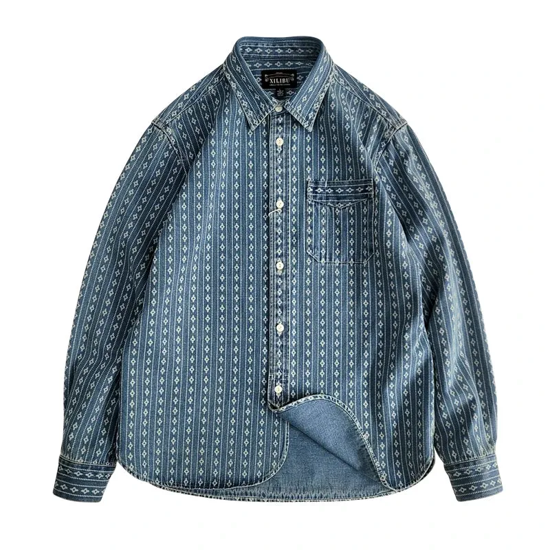 Men's Jacquard Indigo Denim Shirt - Western Style Workwear