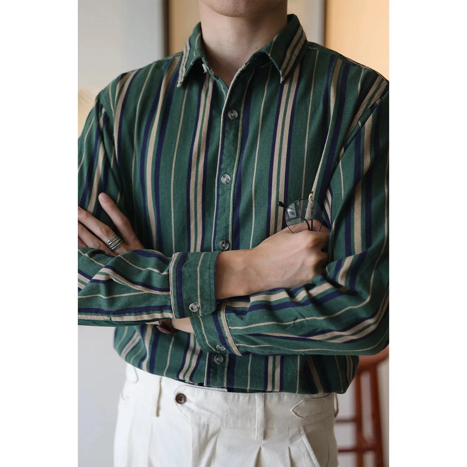 Men's Striped Shirt - Pure Cotton Long Sleeves - Japanese Style Vintage Workwear