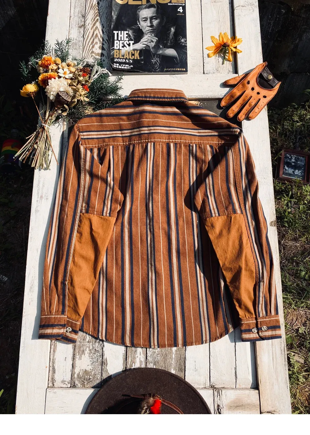 Men's Striped Shirt - Pure Cotton Long Sleeves - Japanese Style Vintage Workwear