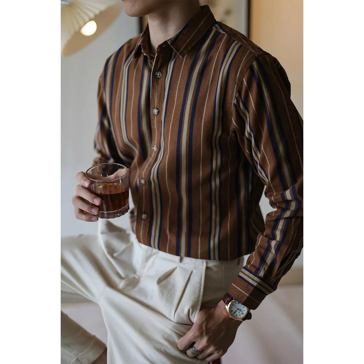 Men's Striped Shirt - Pure Cotton Long Sleeves - Japanese Style Vintage Workwear