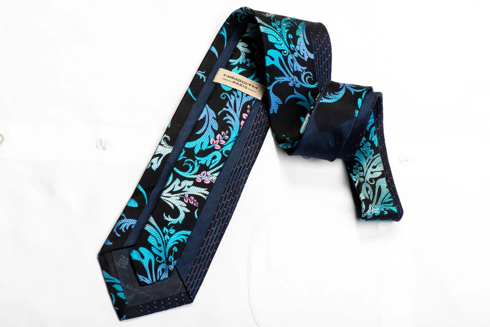 Naboth Men's Rhinestone Silk Necktie Blue Acanthus On Navy With Pink Sparkles