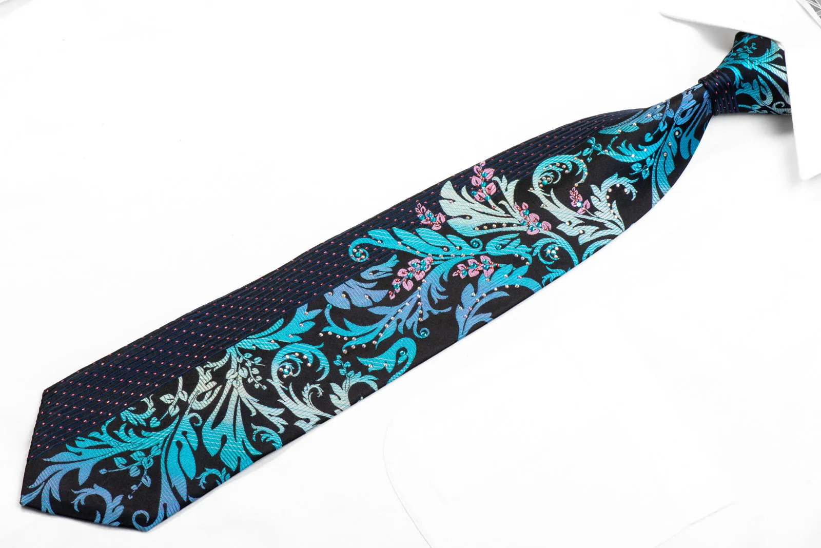 Naboth Men's Rhinestone Silk Necktie Blue Acanthus On Navy With Pink Sparkles