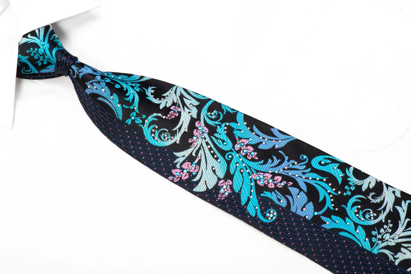 Naboth Men's Rhinestone Silk Necktie Blue Acanthus On Navy With Pink Sparkles