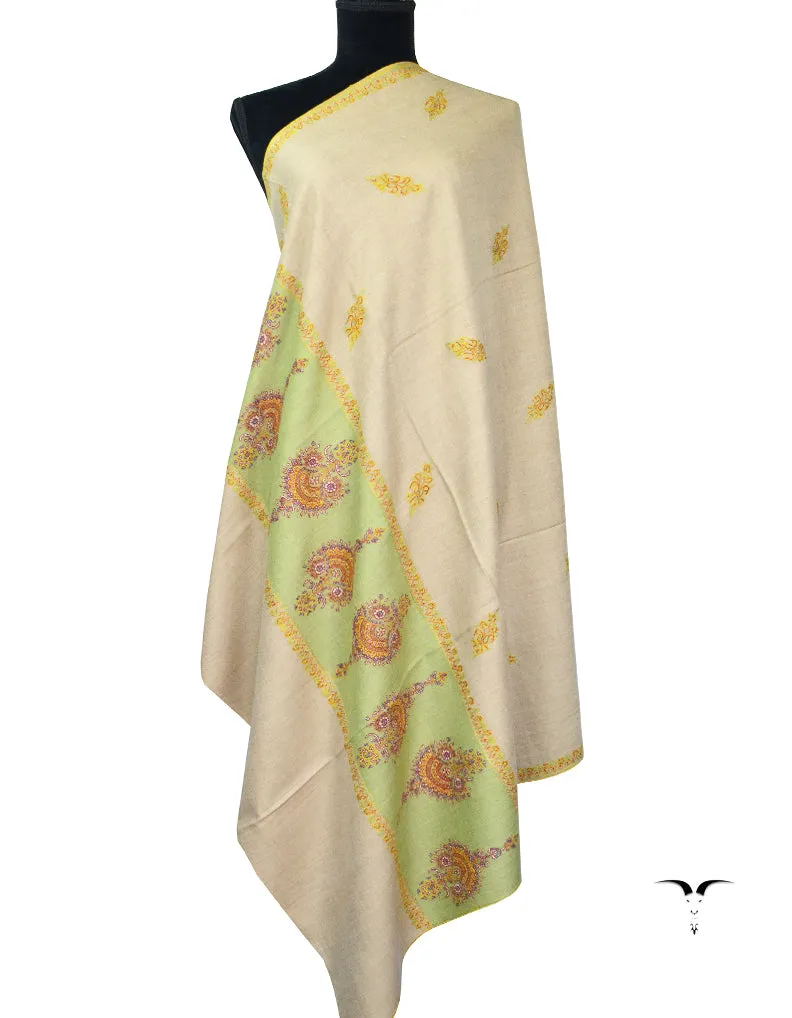 Natural & Light Green Pashmina Shawl with Sozni 5407