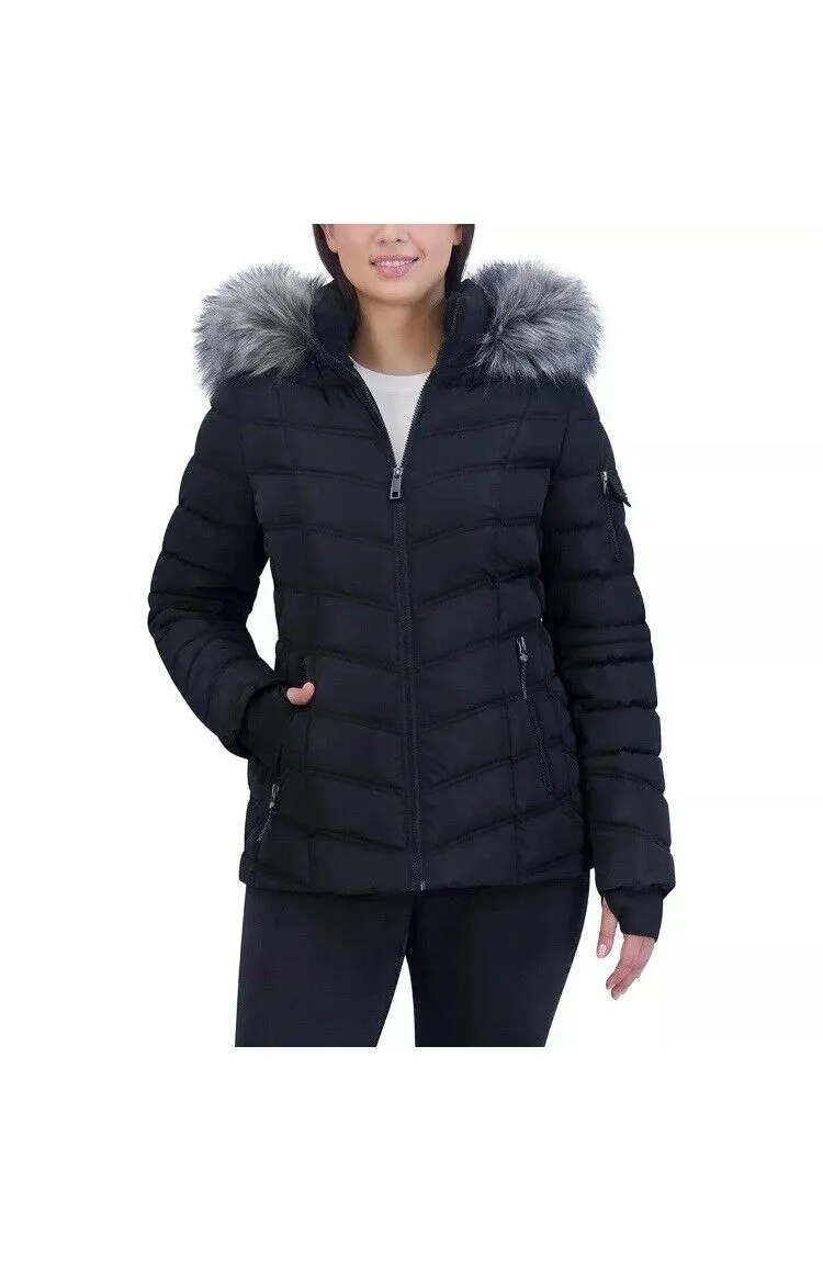 Nautica Puffer Removable Faux Fur Hood, Colors White & Black Various Size Choose