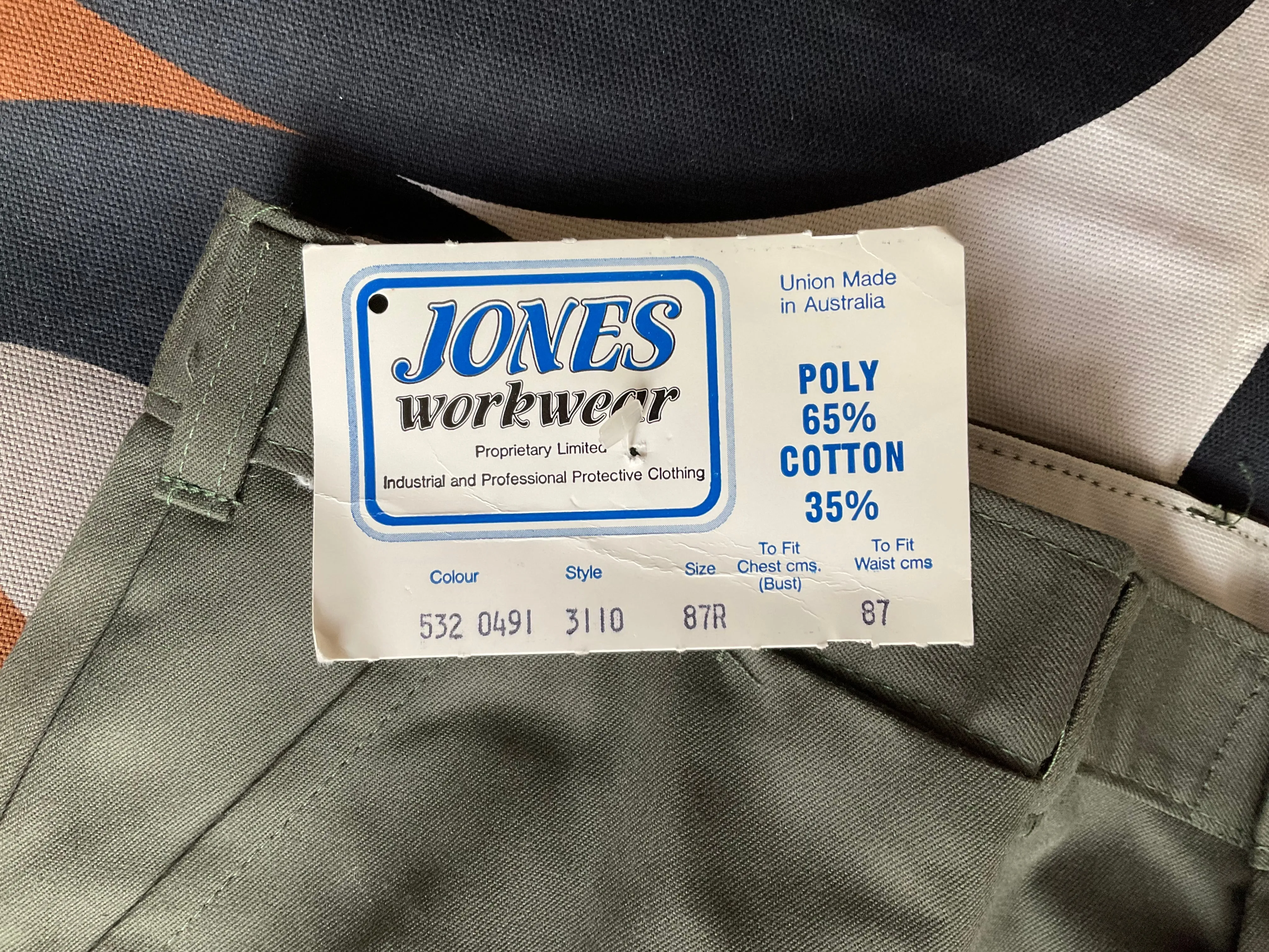 New-old-stock deep khaki green Jones Workwear trousers, made in Australia, 33”